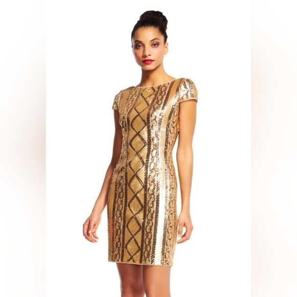 Adrianna Papell Gold Sequin Sheath Cal Sleeve Cocktail Dress Sz 4 - Picture 1 of 12